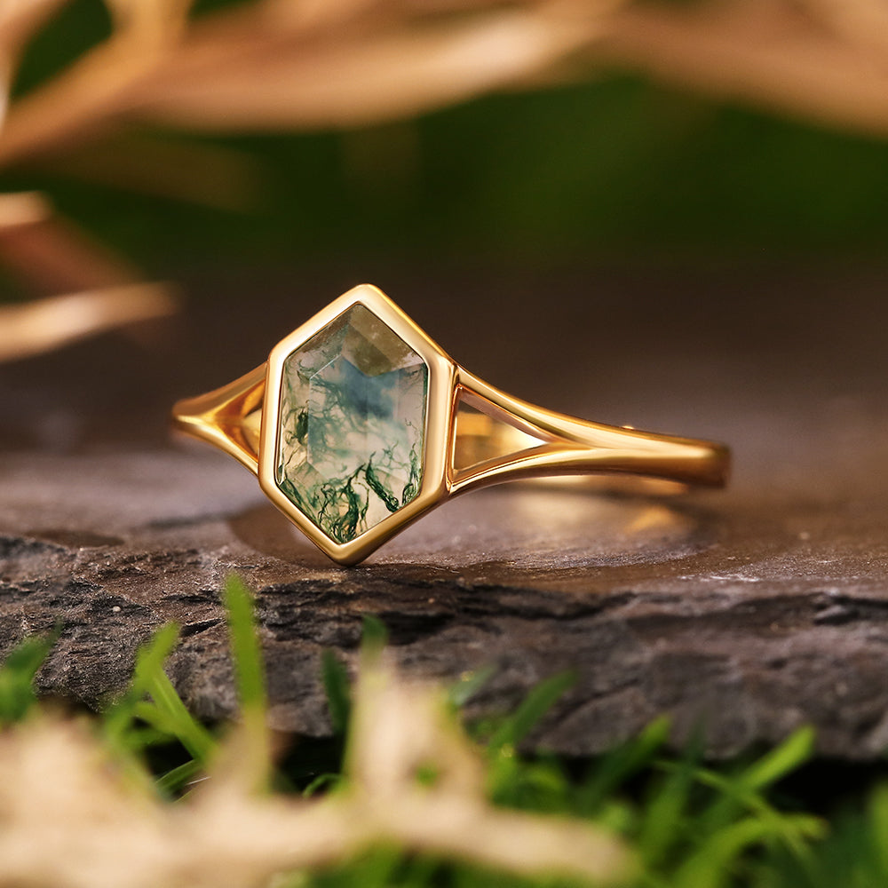 6x10mm Hexagon Cut Moss Agate Nature Inspired Geometric Openwork Engagement Ring
