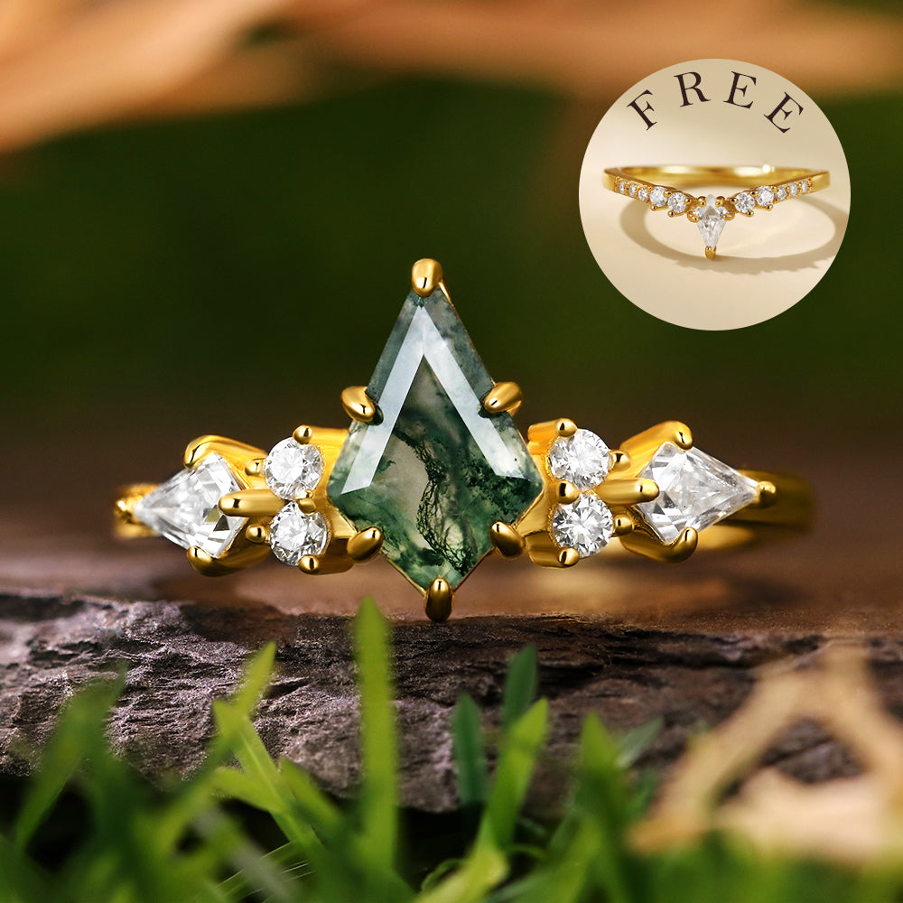[Buy 1 Get 1 Free]  Unique 6*9mm Kite Cut Moss Agate Cluster Bridal Ring Set