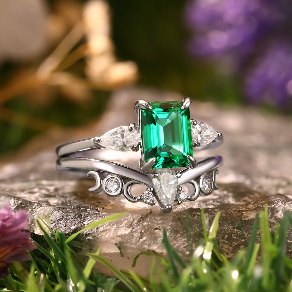 1.87ct Emerald Cut Lab Emerald Three Stone Ring Unique Bridal Ring Set