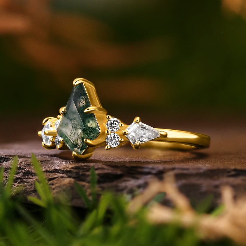 6x9mm Kite Cut Moss Agate with Kite & Round Cut Moissanite Accents Nature-Inspired Engagement Ring