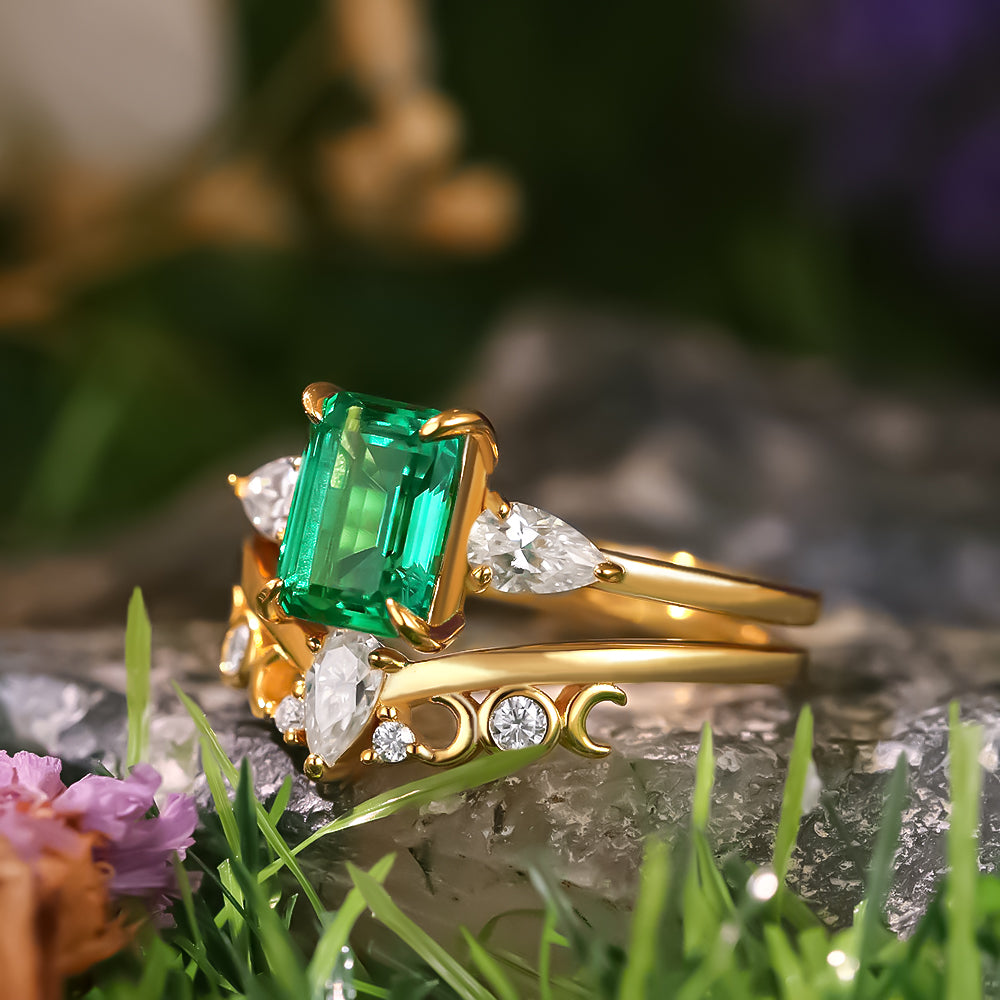 1.87ct Emerald Cut Lab Emerald Three Stone Ring Unique Bridal Ring Set