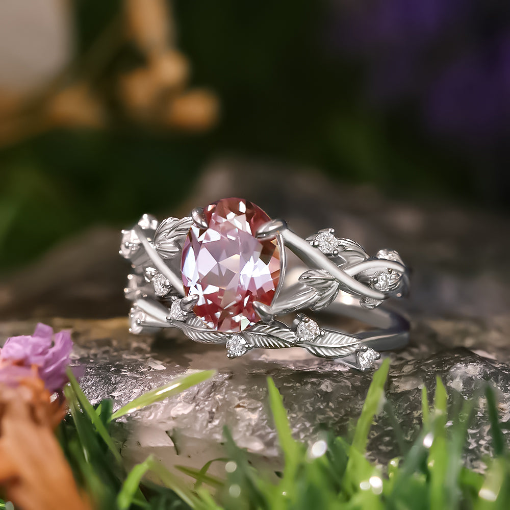 [Buy 1 Get 1 Free]2.16 ct Oval Cut Lab Alexandrite Accents Engagement Ring Nature Inspired Leaf Branch Twist Bridal Ring Set