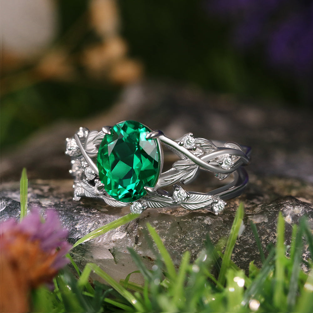1.98 ct Oval Cut Lab Emerald Accents Engagement Ring Nature Inspired Leaf Branch Twist Bridal Ring Set