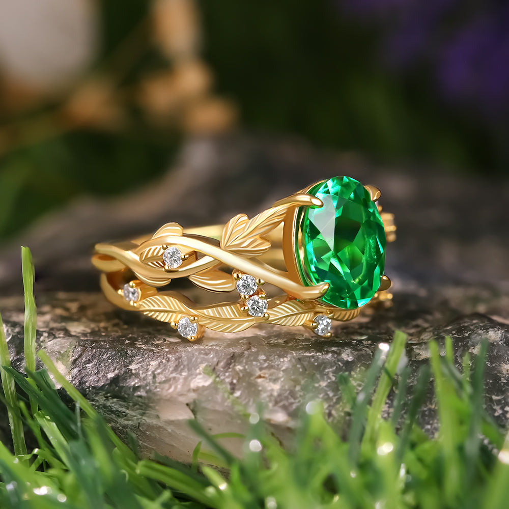 1.98 ct Oval Cut Lab Emerald Accents Engagement Ring Nature Inspired Leaf Branch Twist Bridal Ring Set