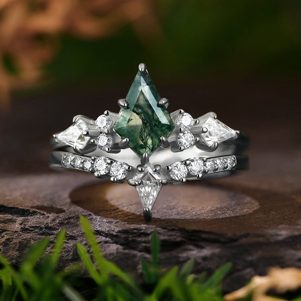 Unique 6*9mm Kite Cut Moss Agate Cluster Bridal Ring Set