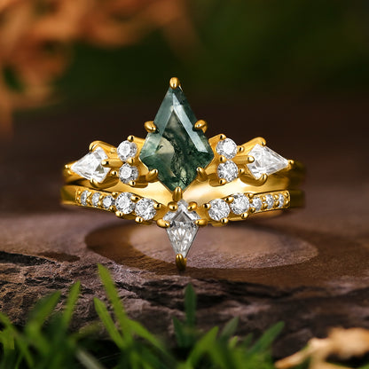 [Buy 1 Get 1 Free]  Unique 6*9mm Kite Cut Moss Agate Cluster Bridal Ring Set