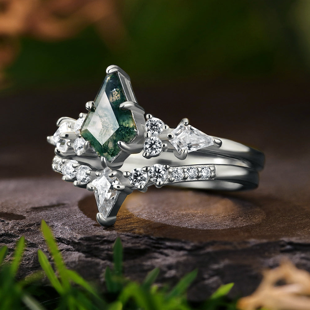 Unique 6*9mm Kite Cut Moss Agate Cluster Bridal Ring Set