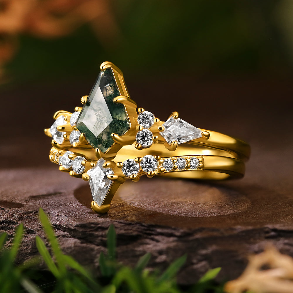Unique 6*9mm Kite Cut Moss Agate Cluster Bridal Ring Set