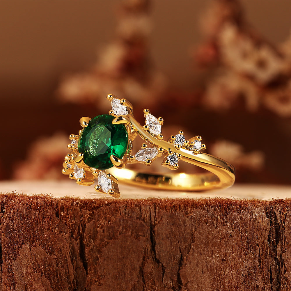 Nature Inspired 1.28CT Round Cut Lab Emerald Leaf & Branch Cluster Ring