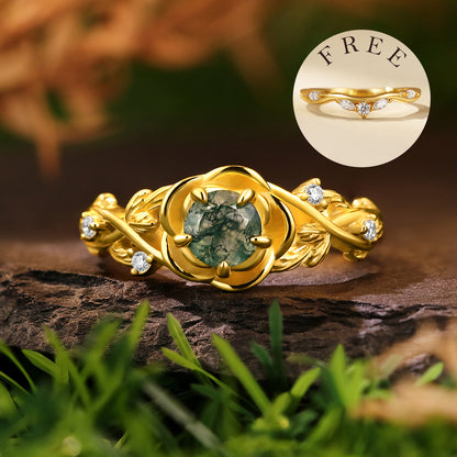 [Buy 1 Get 1 Free] Nature Inspired  5mm Round Cut Moss Agate Rose Flower Leaf Bridal Ring Set