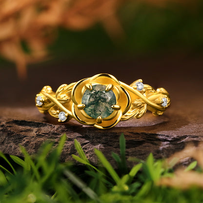 Nature Inspired 5mm Round Cut Moss Agate Rose Flower Leaf Engagement Ring