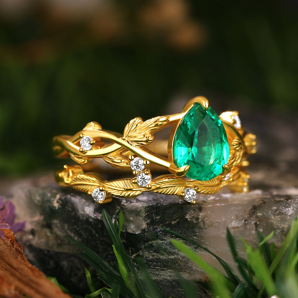 1.16ct Pear Cut Lab Emerald Nature Inspired Twig Leaf Bridal Ring Set
