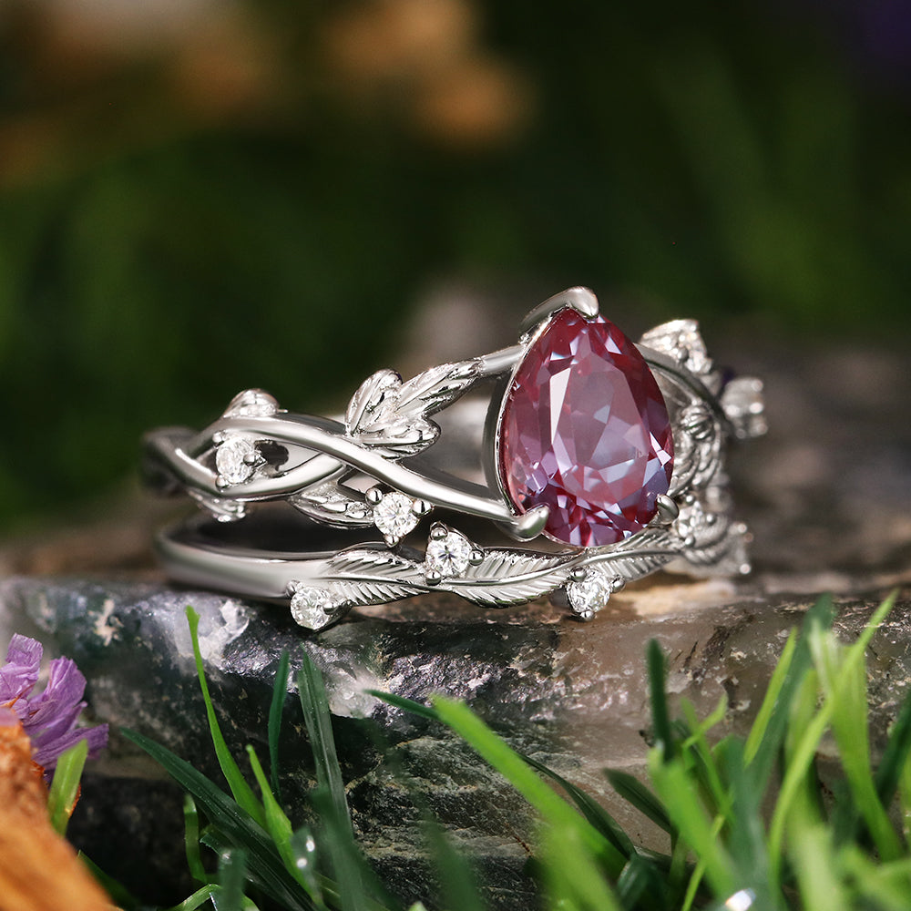 1.71ct Pear Cut Lab Alexandrite Nature Inspired Twig Leaf  Engagement Bridal Ring Set