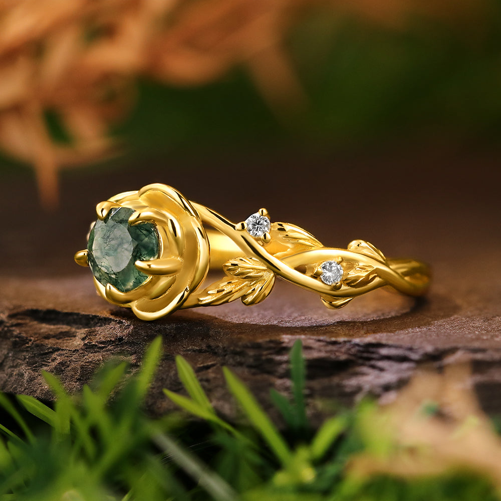 Nature Inspired 5mm Round Cut Moss Agate Rose Flower Leaf Engagement Ring