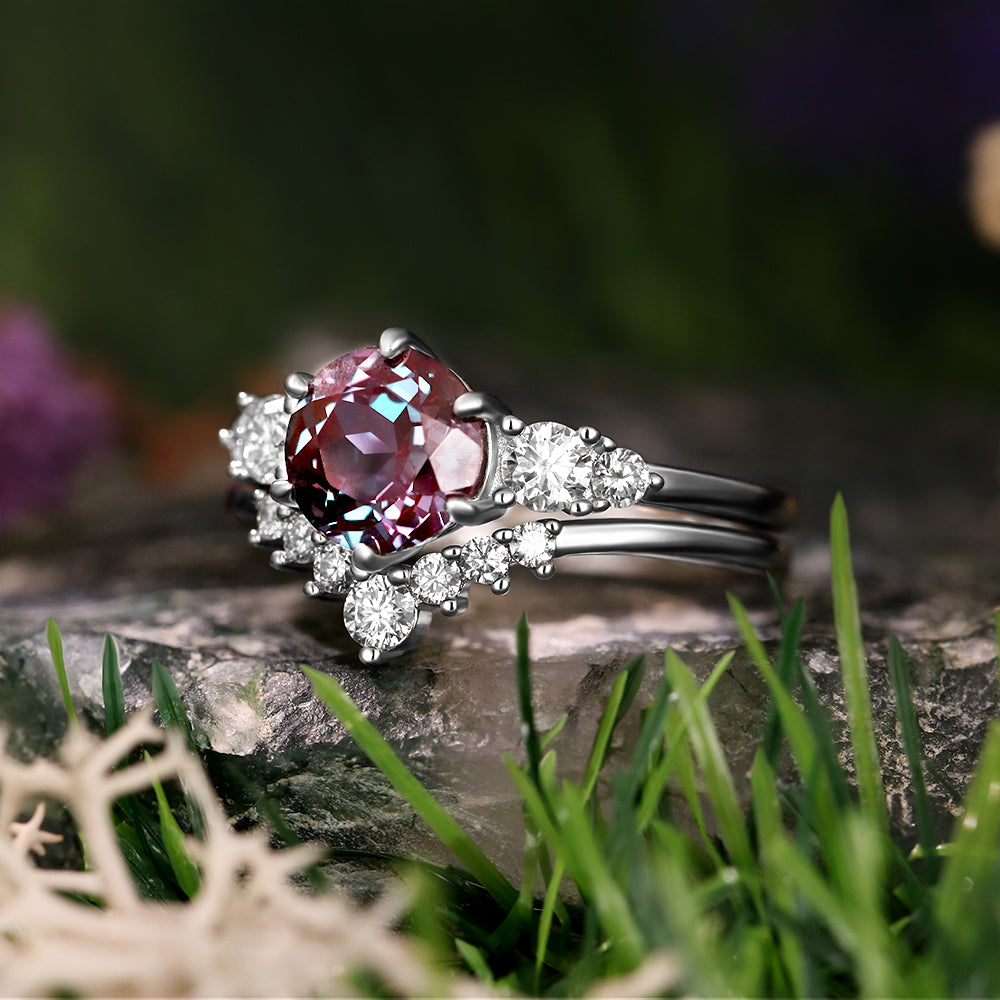 3.02ct Round Cut Lab Alexandrite Vintage Engagement Bridal Ring Set