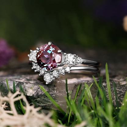 3.02ct Round Cut Lab Alexandrite Vintage Engagement Bridal Ring Set