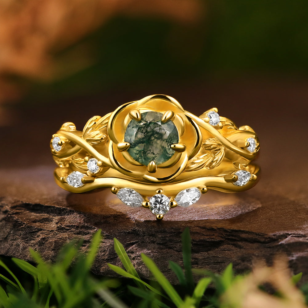 Nature Inspired 5mm Round Cut Moss Agate Rose Flower Leaf Bridal Ring Set