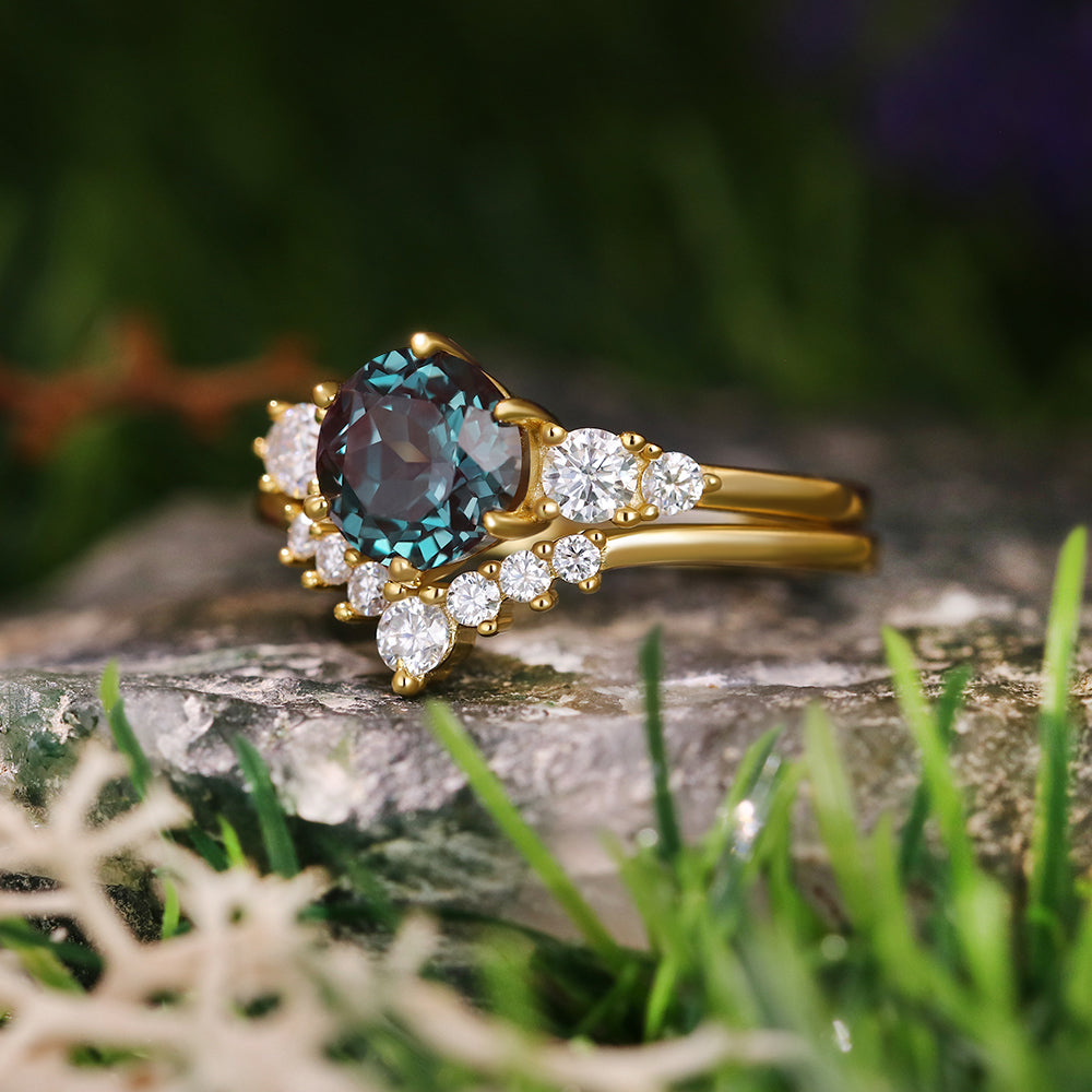 [Buy 1 Get 1 Free]3.02ct Round Cut Lab Alexandrite Vintage Engagement Bridal Ring Set