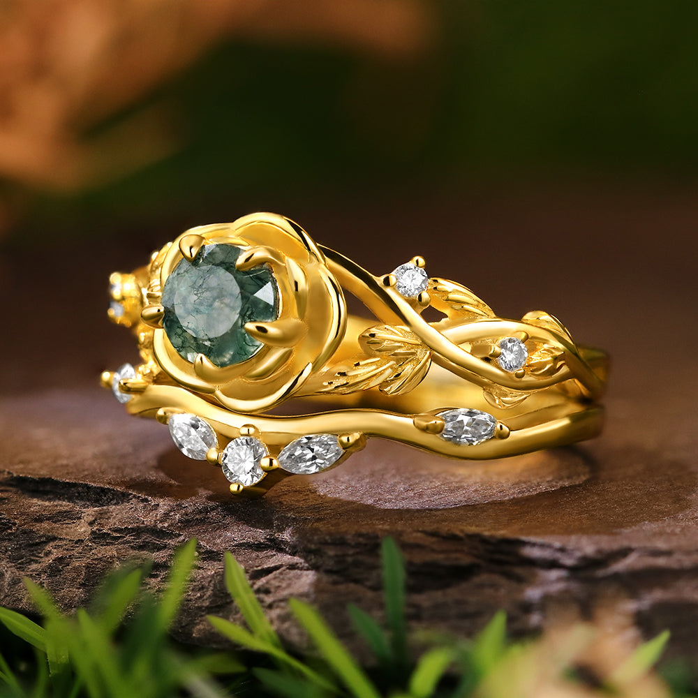 Nature Inspired 5mm Round Cut Moss Agate Rose Flower Leaf Bridal Ring Set
