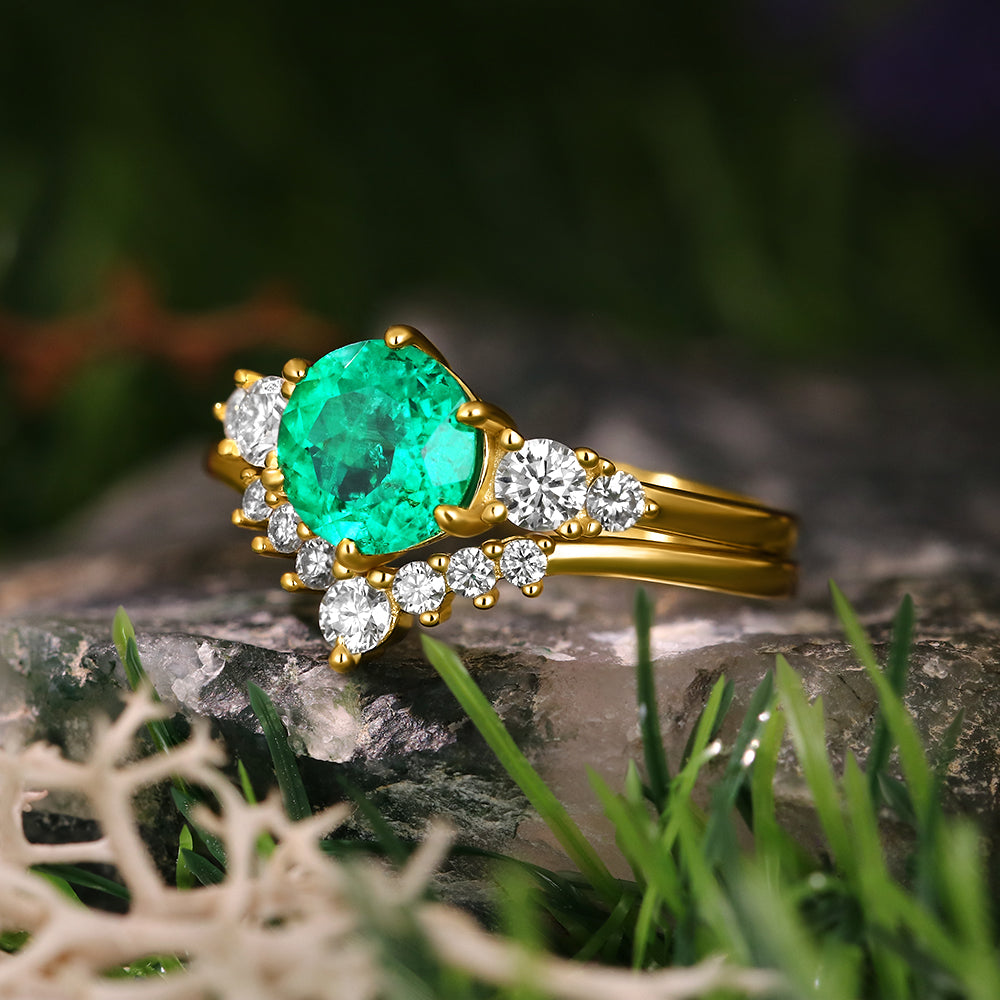 1.87 ct Round Cut Lab Emerald Vintage Five Stone Ring Curved Stacking Ring Bridal Ring Set