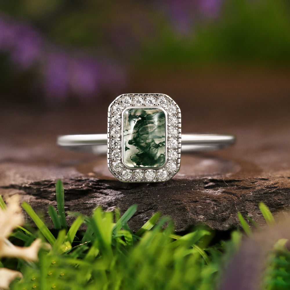 5x7mm Emerald Cut Moss Agate Nature Inspired Halo Engagement Ring