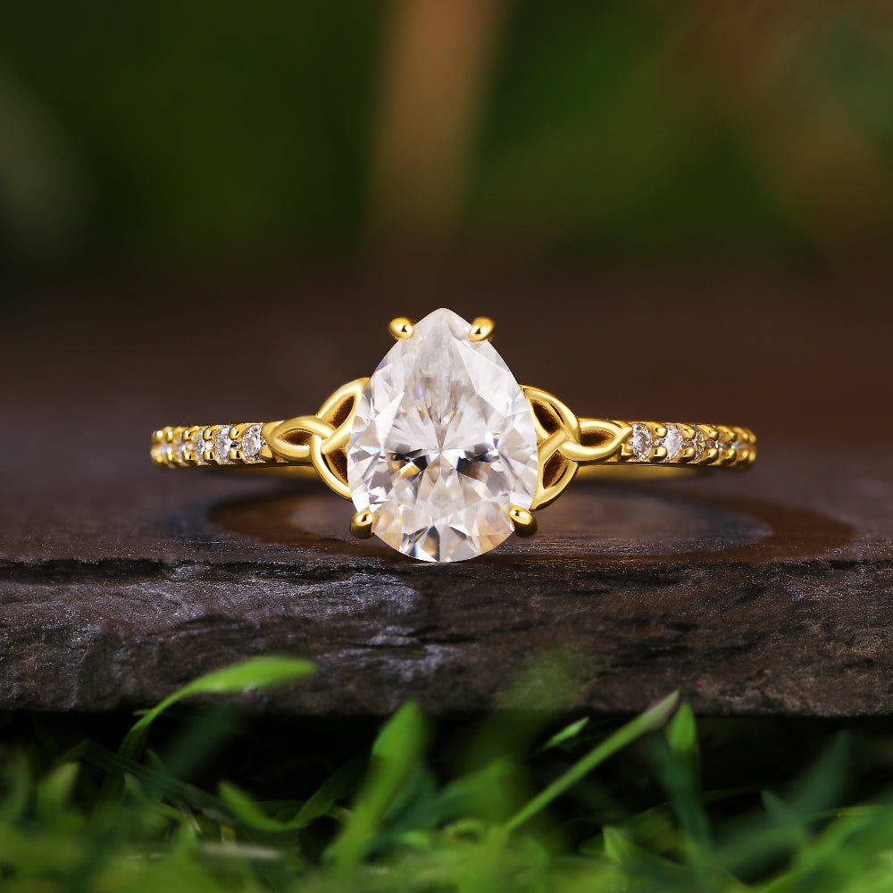 Nature Inspired 1.42ct Pear Cut Moissanite Engagement Ring, Celtic Knot Accents