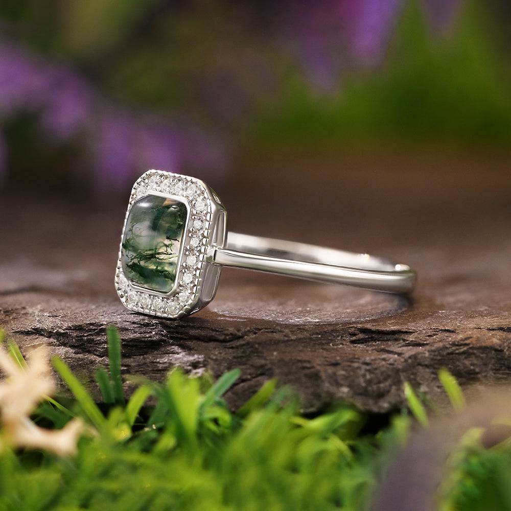 5x7mm Emerald Cut Moss Agate Nature Inspired Halo Engagement Ring