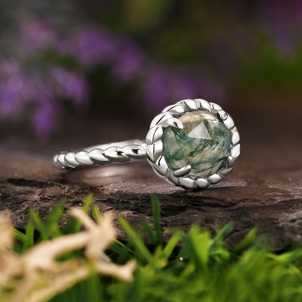 7x9mm Oval Cut Moss Agate Nature Inspired Rope Twist Engagement Ring