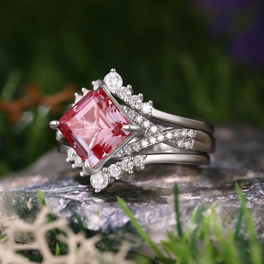 2.48 ct Square Cut Lab Alexandrite Vintage Twsited Ring Curved Stacking Ring Bridal Ring Set