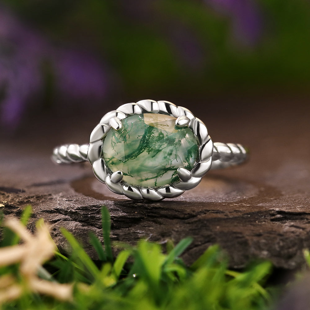 7x9mm Oval Cut Moss Agate Nature Inspired Rope Twist Engagement Ring