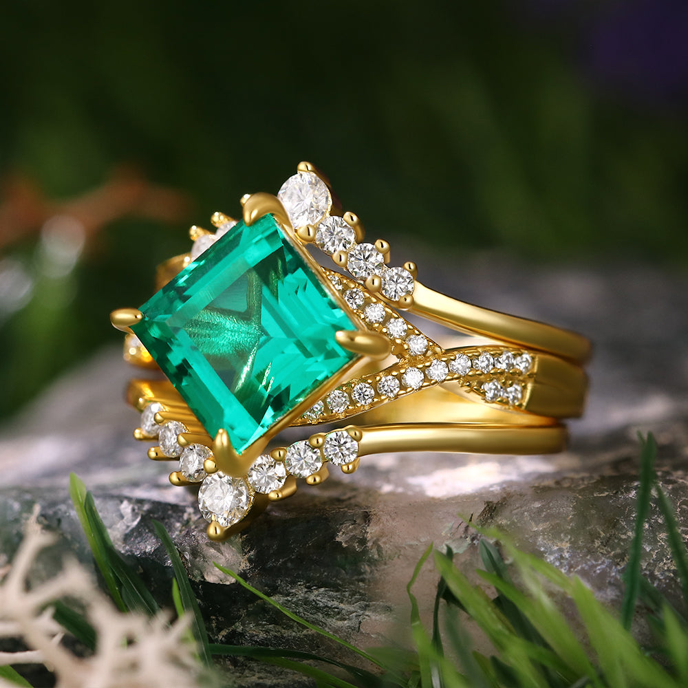 2.48 ct Square Cut Lab Emerald Vintage Twsited Ring Curved Stacking Ring Bridal Ring Set