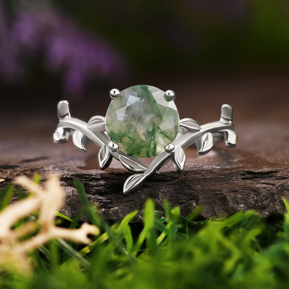 8mm Round Cut Moss Agate Nature Inspired Leaf Vine Engagement Ring