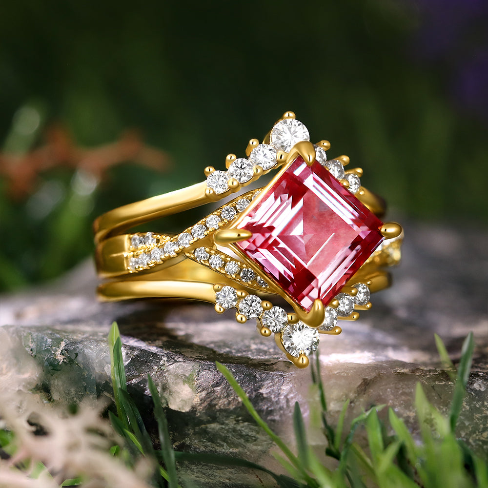 2.48 ct Square Cut Lab Alexandrite Vintage Twsited Ring Curved Stacking Ring Bridal Ring Set