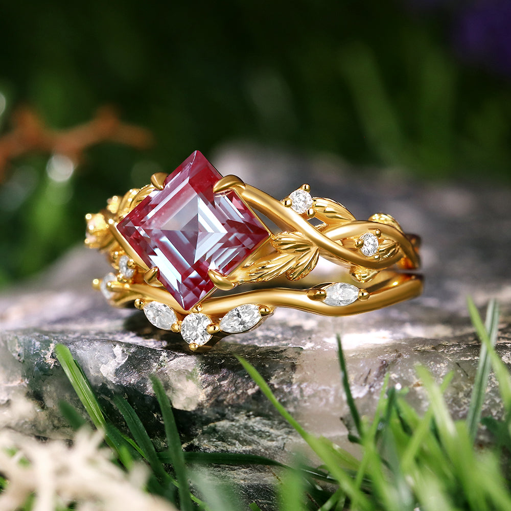 2.42 ct Princess Cut Lab Alexandrite Engagement Ring Leaf Branch Nature Inspired Bridal Ring Set