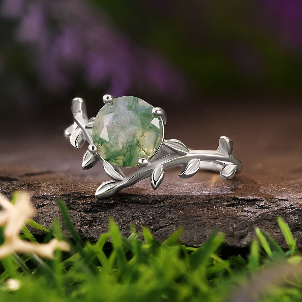 8mm Round Cut Moss Agate Nature Inspired Leaf Vine Engagement Ring