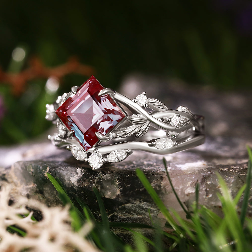 2.42 ct Princess Cut Lab Alexandrite Engagement Ring Leaf Branch Nature Inspired Bridal Ring Set