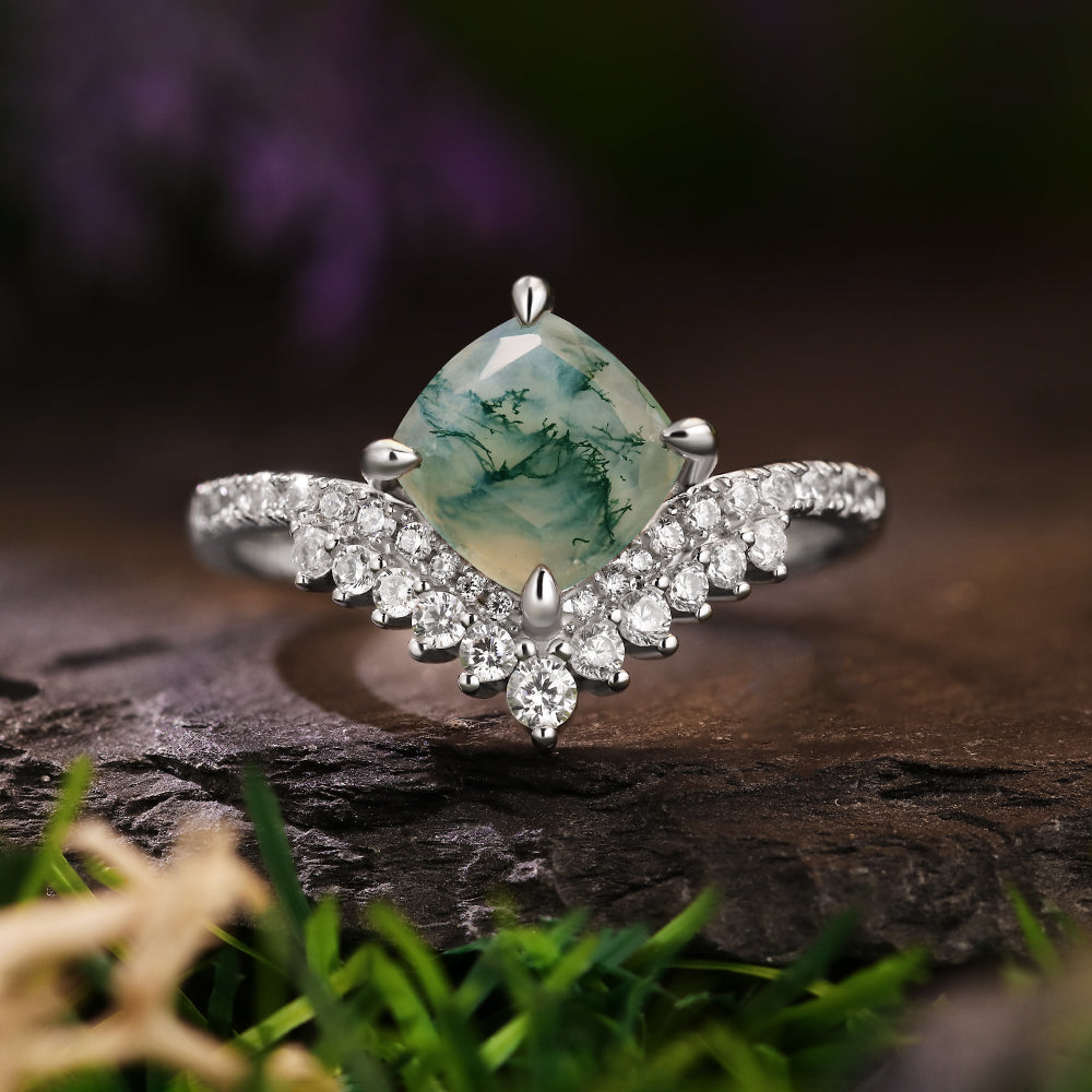 7x7mm Cushion Cut Moss Agate Nature Inspired Butterfly Wing Engagement Ring