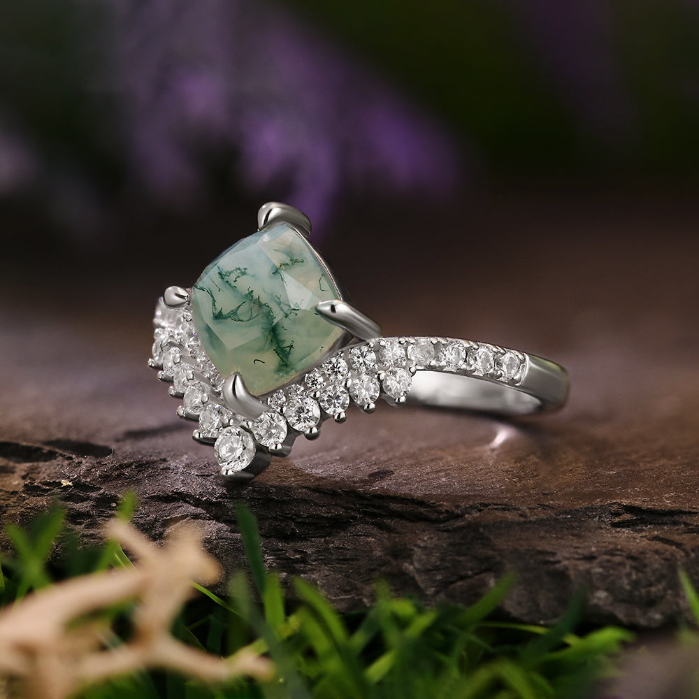 7x7mm Cushion Cut Moss Agate Nature Inspired Butterfly Wing Engagement Ring