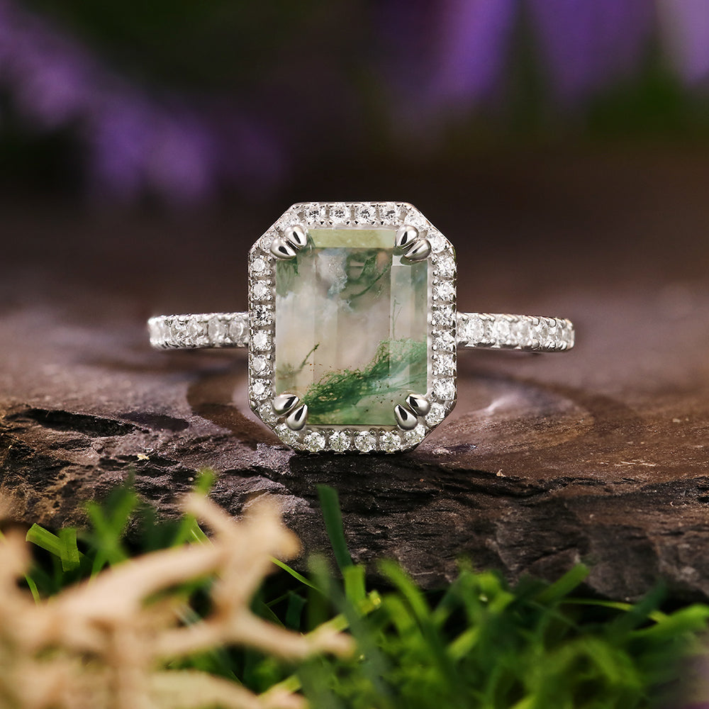 8x10mm Emerald Cut Moss Agate Nature Inspired Halo Engagement Ring
