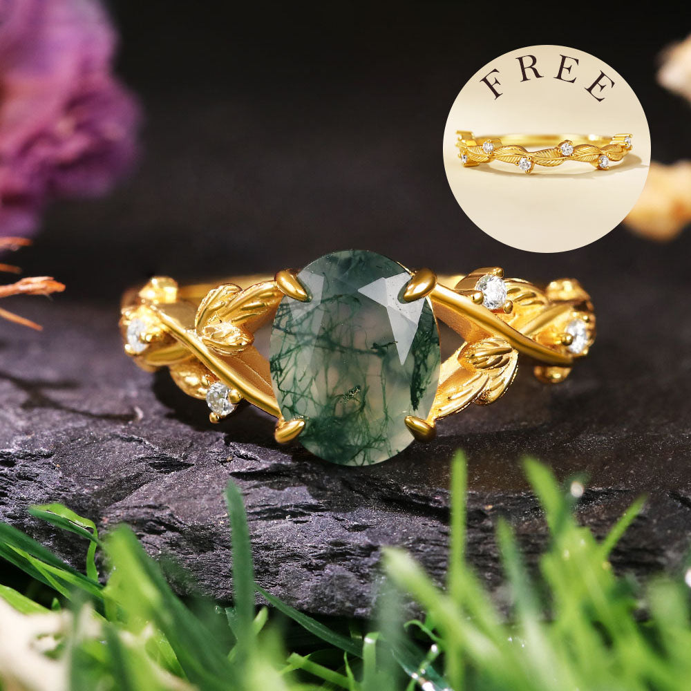 [Buy 1 Get 1 Free]7*9 Oval Cut Moss Agate Accents Engagement Ring Nature Inspired Leaf Branch Twist Bridal Ring Set