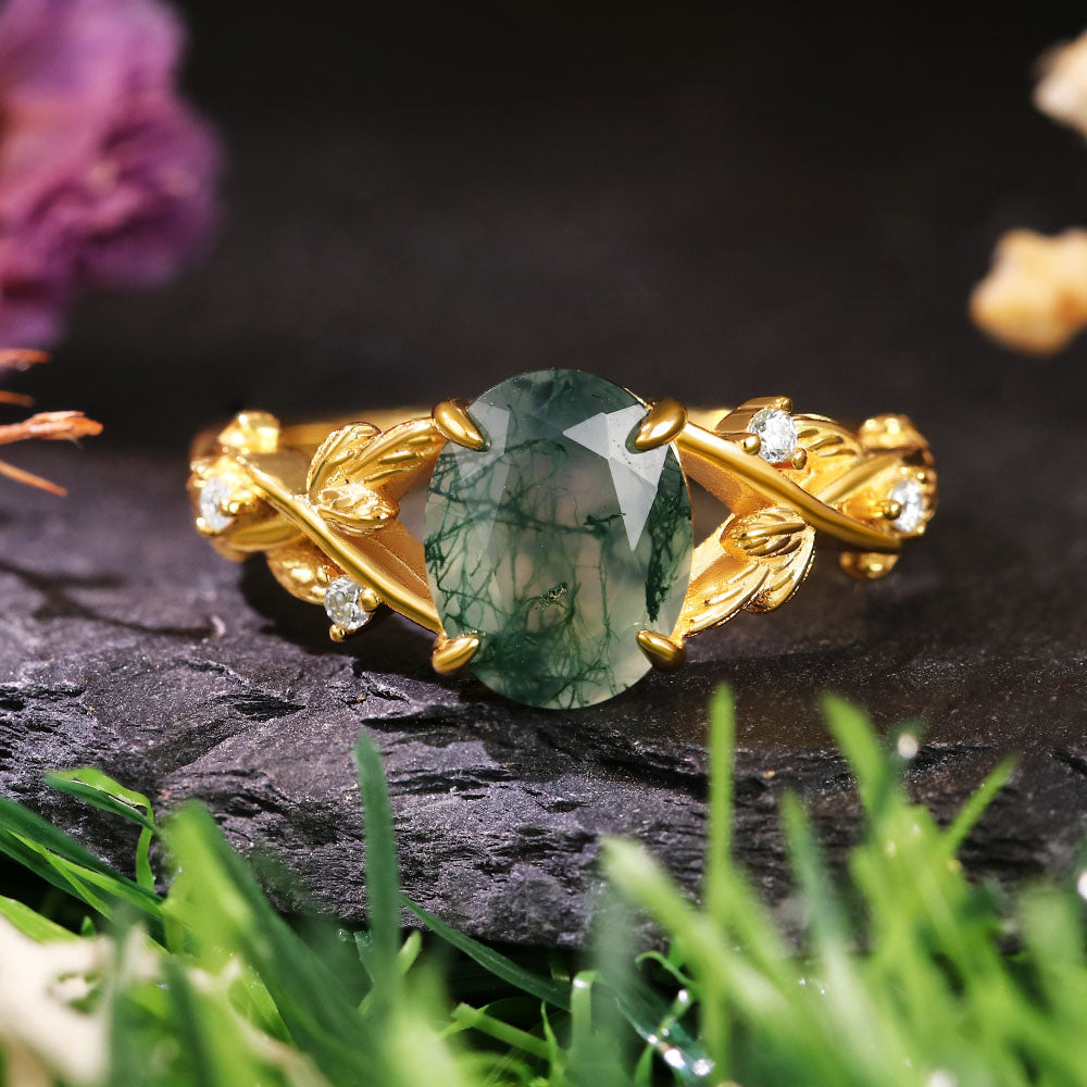 7*9 Oval Cut Moss Agate Nature Inspired Leaf Branch Twist  Engagement Ring