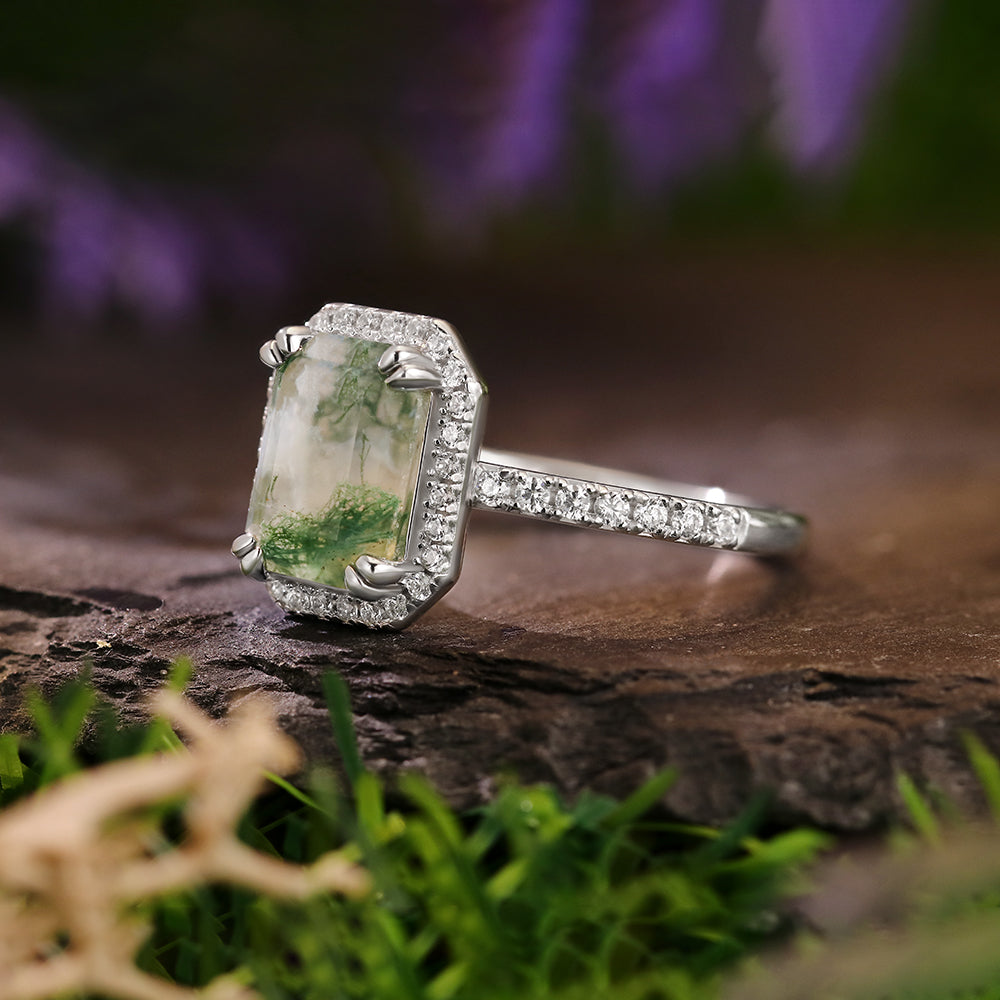 8x10mm Emerald Cut Moss Agate Nature Inspired Halo Engagement Ring