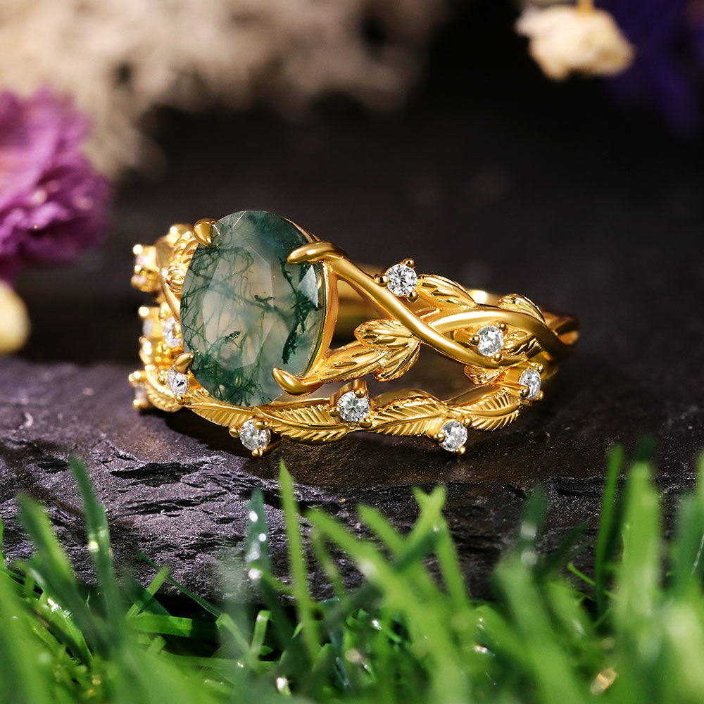 7*9 Oval Cut Moss Agate Accents Engagement Ring Nature Inspired Leaf Branch Twist Bridal Ring Set