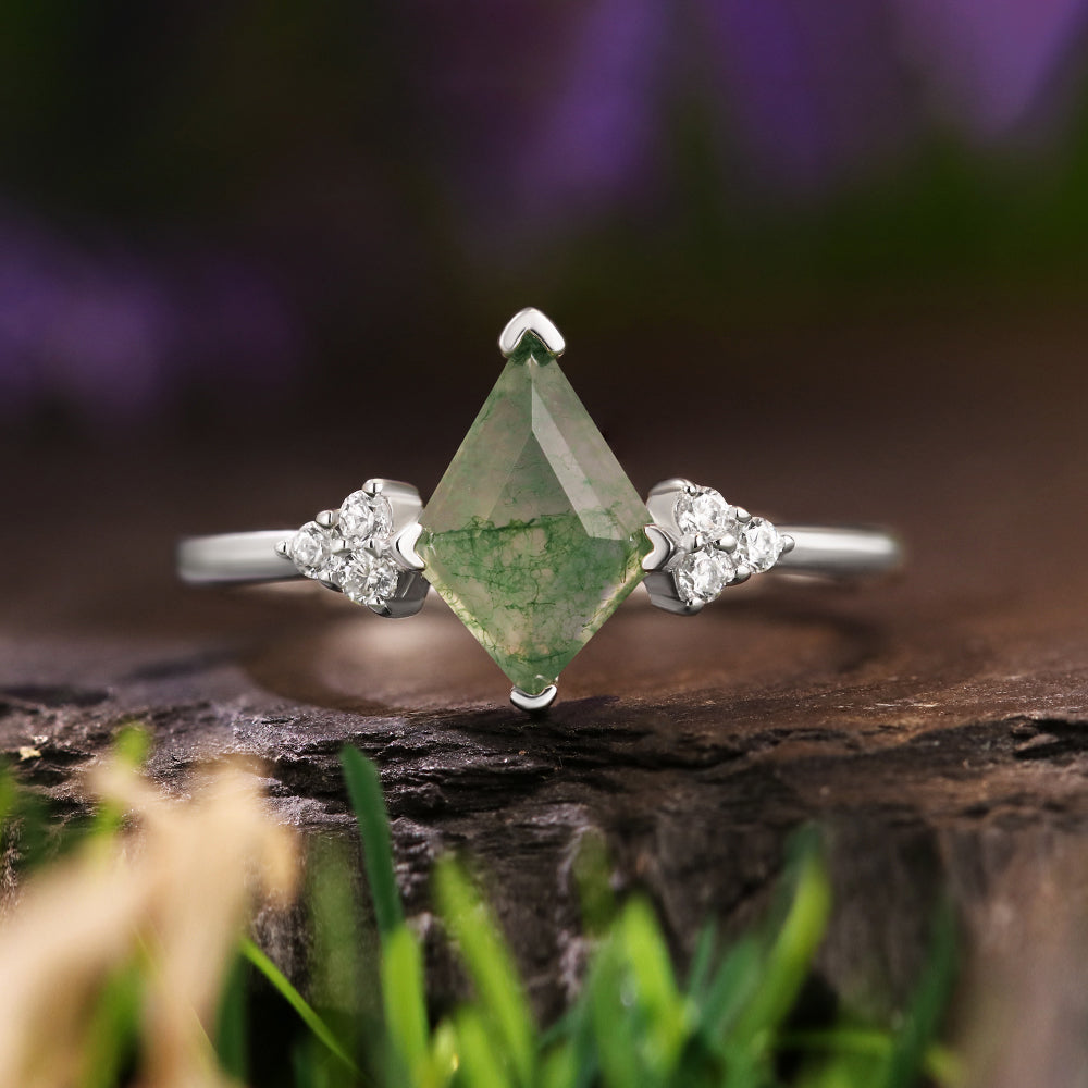 7x10mm Kite Cut Moss Agate Nature Inspired Accent Engagement Ring