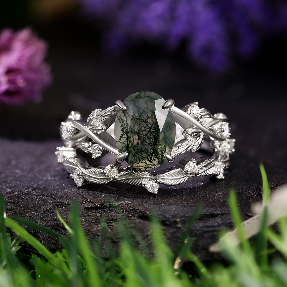 7*9 Oval Cut Moss Agate Accents Engagement Ring Nature Inspired Leaf Branch Twist Bridal Ring Set