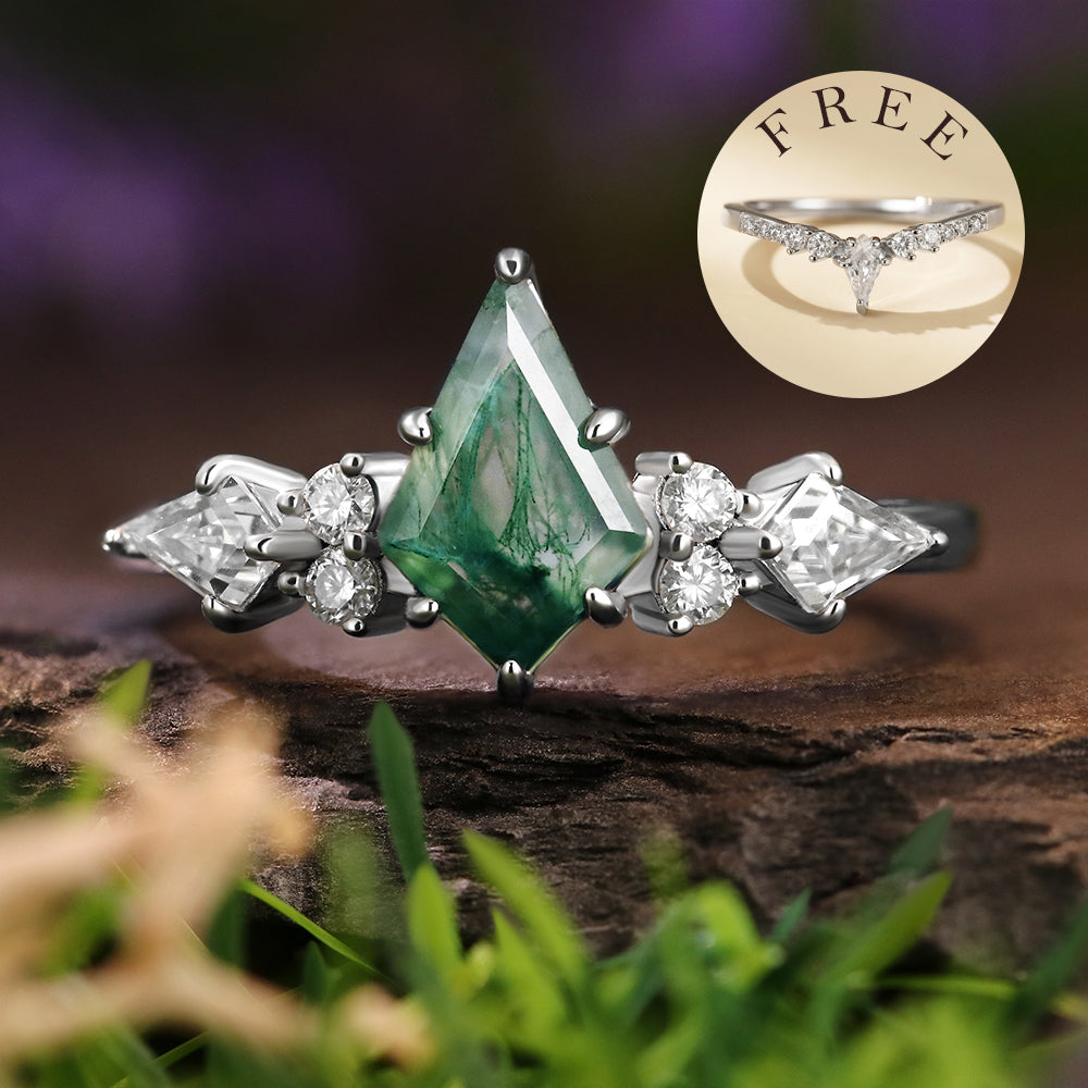 [Buy 1 Get 1 Free]  Unique 6*9mm Kite Cut Moss Agate Cluster Bridal Ring Set