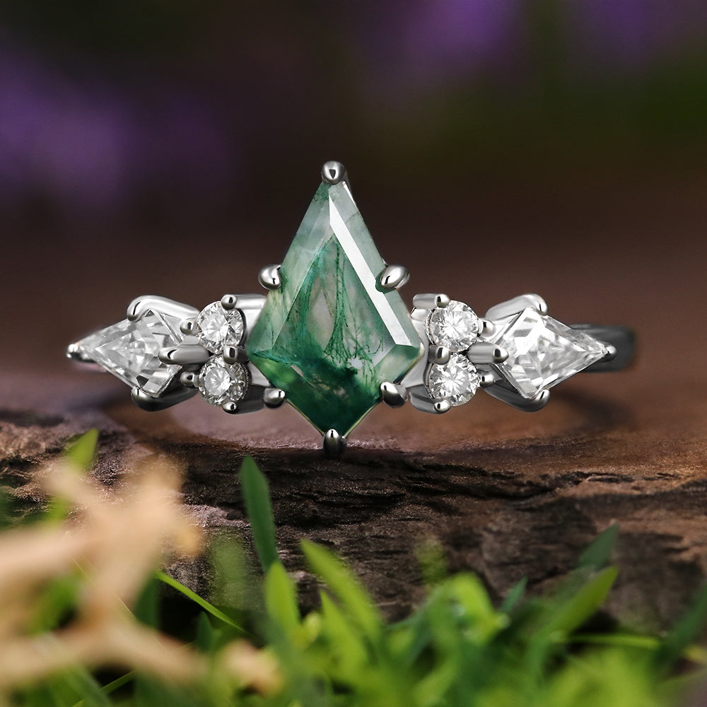 6x9mm Kite Cut Moss Agate with Kite & Round Cut Moissanite Accents Nature-Inspired Engagement Ring