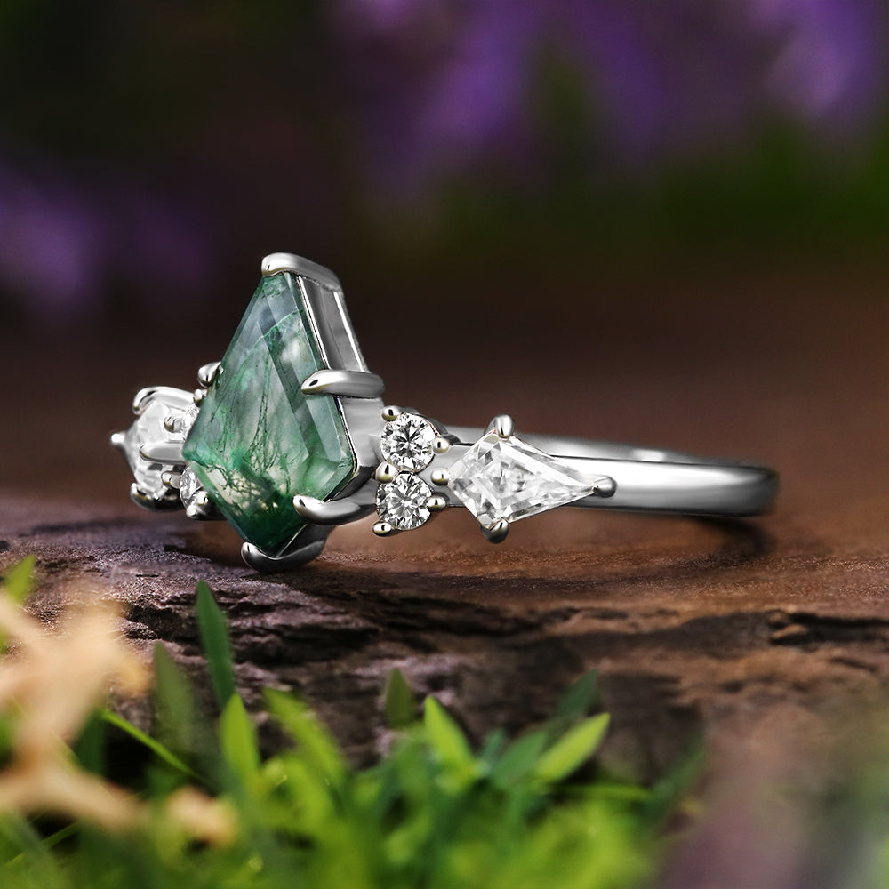6x9mm Kite Cut Moss Agate with Kite & Round Cut Moissanite Accents Nature-Inspired Engagement Ring