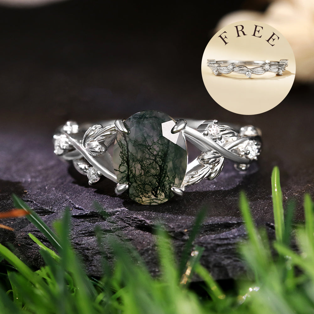 [Buy 1 Get 1 Free]7*9 Oval Cut Moss Agate Accents Engagement Ring Nature Inspired Leaf Branch Twist Bridal Ring Set