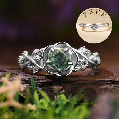 [Buy 1 Get 1 Free] Nature Inspired  5mm Round Cut Moss Agate Rose Flower Leaf Bridal Ring Set